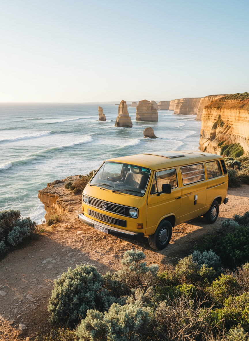 A photographic scene of a bright yellow campervan parked at the edge of a dramatic coastal cliff road along the Great Ocean Road, its paint slightly dusty from days of adventure. The van faces the ocean, framed by low native shrubs and pale sandstone cliffs that drop to churning teal waves below. Late afternoon sunlight bathes the scene in warm, honeyed tones, catching subtle reflections on the van’s windows and casting long shadows along the rocky verge. Shot from a low, three-quarter angle emphasizing the vehicle’s presence against the vast seascape, with a deep depth of field keeping both van and distant limestone stacks in sharp detail. The mood is adventurous yet laid-back, capturing the playful spirit of an Australian road trip in vivid, photographic realism.