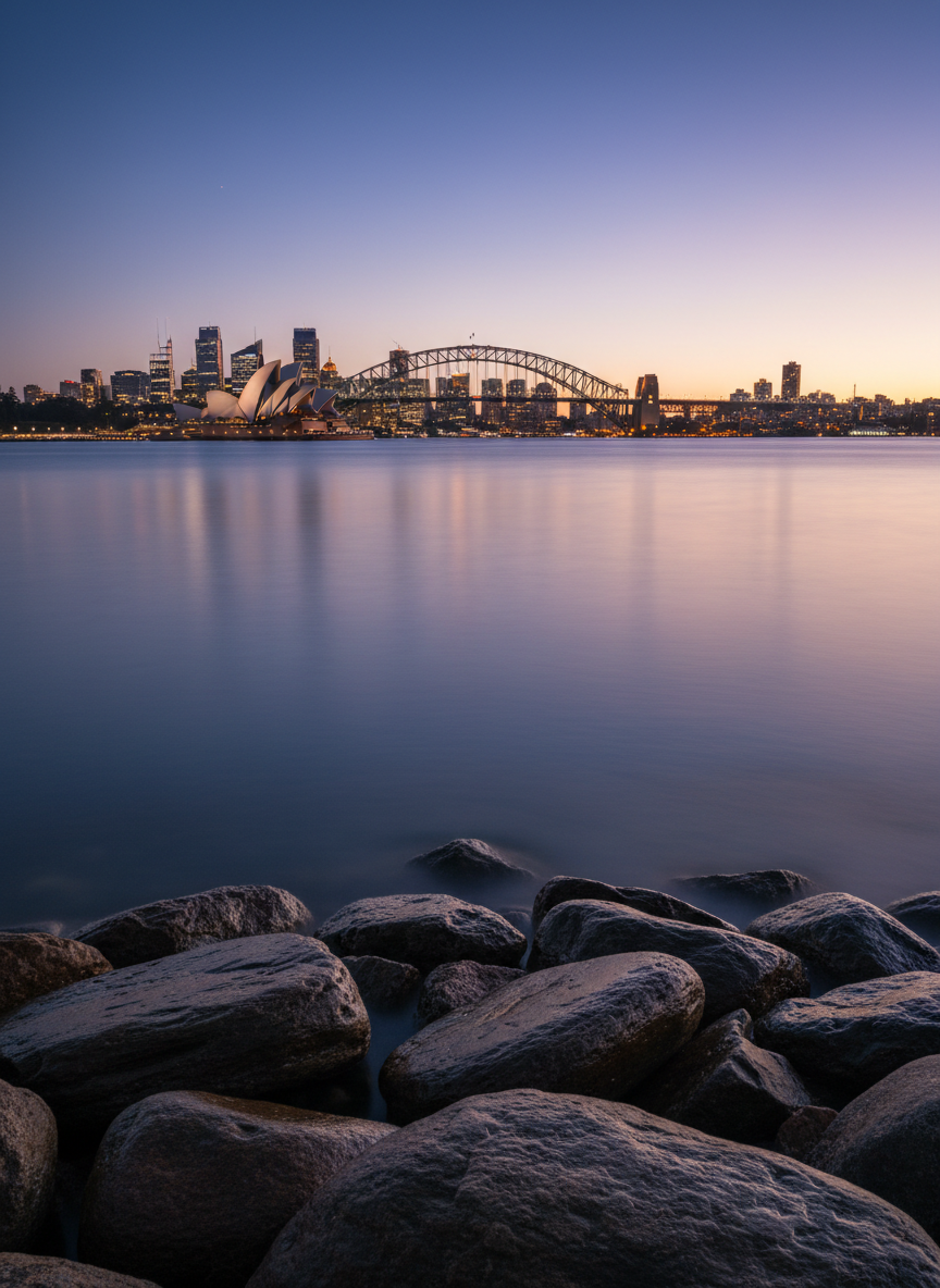 A moody, photographic twilight scene of the Sydney skyline reflected in the calm harbor, viewed from a rocky foreshore. Smooth, dark stones in the foreground glisten with a thin film of water, catching the last traces of sunset. The city’s illuminated landmarks rise in the midground, lights twinkling in shades of warm gold and cool white, creating shimmering streaks across the blue-toned water. The sky shifts from deep indigo to soft violet near the horizon, hinting at the end of an adventurous day. Captured with a long exposure effect that subtly blurs the water’s surface, the composition uses rule of thirds to balance rocks, water, and skyline. The atmosphere feels reflective yet playful, as if pausing to narrate the day’s Australian adventures in polished photographic realism.