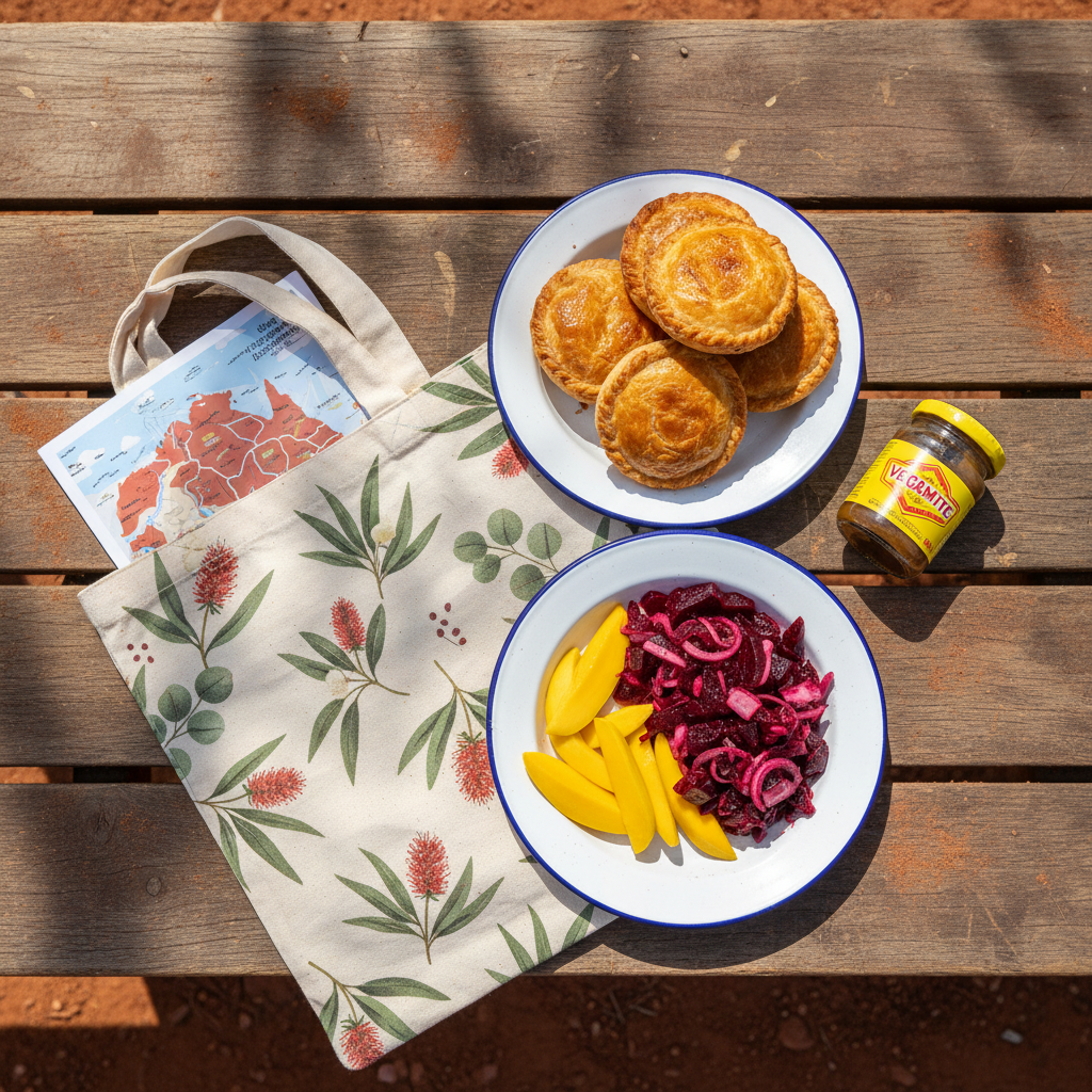 A photographic overhead view of a rustic picnic setup on a worn wooden table at an outback rest stop, red dust faintly coating the edges of the boards. A classic enamel plate overflows with golden meat pies and vibrant beetroot salad, while a small jar of Vegemite and a cluster of fresh, sliced mango add bold pops of color. A printed brochure showing a stylized map of the Australian interior peeks from beneath a reusable canvas bag patterned with native flora. Harsh midday outback light is softened by the dappled shade of a nearby gum tree, creating speckled highlights and shadows across the food. The composition is neatly arranged but casually imperfect, evoking a playful, authentic travel break with crisp photographic detail and rich, natural color.