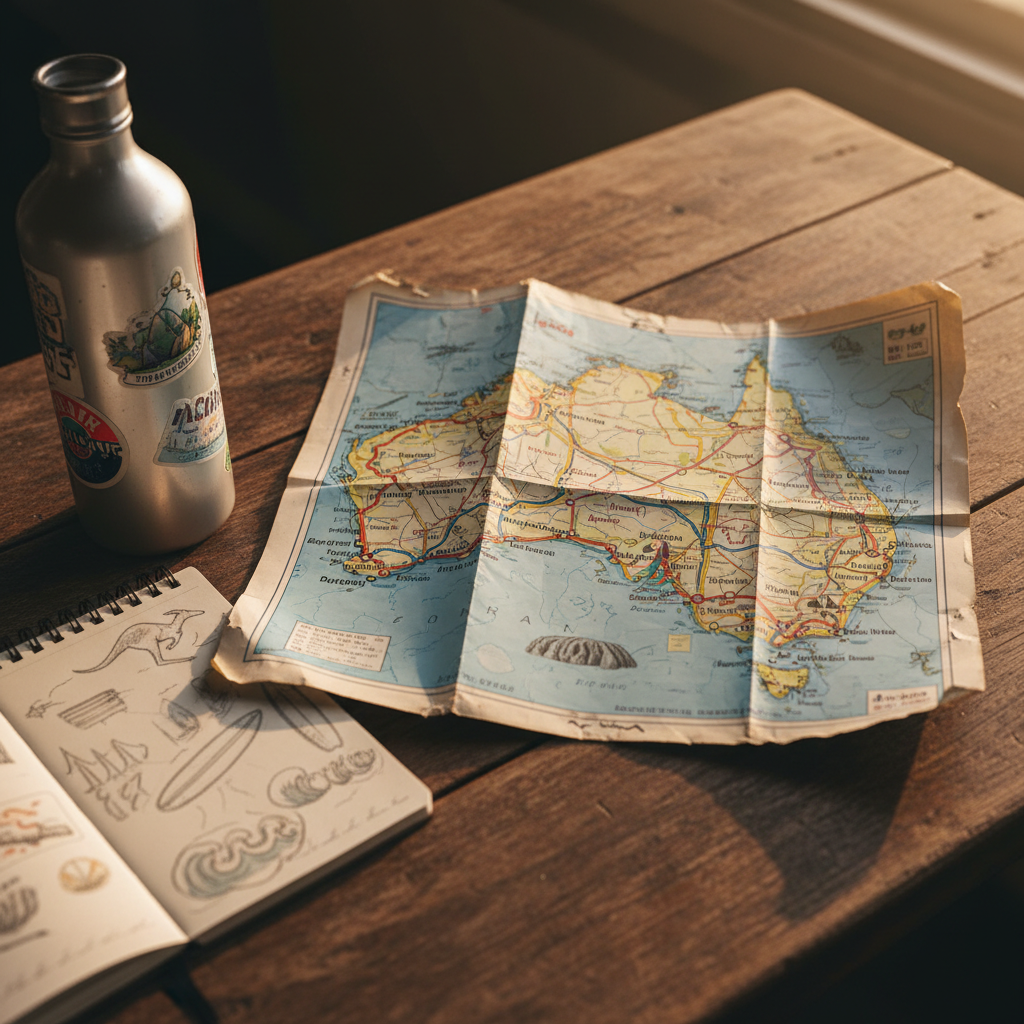 A close, photographic shot of a well-worn Australian road trip map spread across a textured wooden hostel table, corners slightly curled and creased. Colorful route lines wind between small, marked coastal towns and outback icons. Beside the map, a scuffed metal water bottle with faded stickers of Australian destinations rests next to a small, open notebook filled with loosely sketched doodles of kangaroos and surfboards. Soft morning light pours through an unseen window, creating a warm, diffused glow and gentle shadows that highlight the paper’s texture. Captured from a slightly elevated angle, the composition uses rule of thirds to place the map’s winding highway as a playful leading line. The atmosphere feels spontaneous and exploratory, evoking first-person travel storytelling in a clean, modern, photographic style.