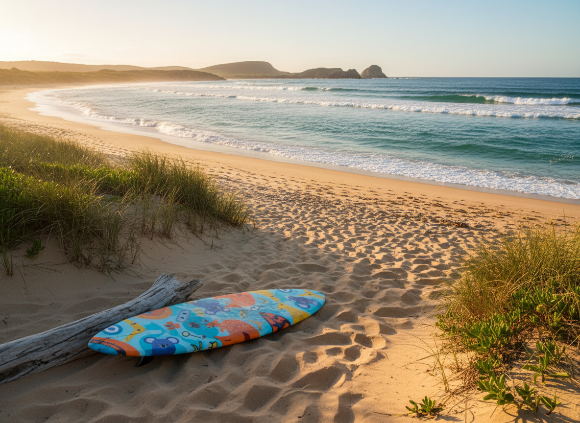 A wide photographic view of a sunlit Australian beach, with soft golden sand stretching into the distance and turquoise waves curling gently onto the shore. In the foreground, a brightly colored surfboard with playful patterns lies at an angle near a small driftwood log, hinting at a day of adventure. Native grasses sway along the dune line, framing the scene. Late afternoon light casts long, warm shadows and a golden hour glow across the sand, making the water sparkle. Shot at eye level with a slight tilt toward the horizon, using a moderate depth of field so distant headlands and rocky outcrops remain recognizable but gently softened. The mood is carefree and inviting, perfectly suited to a playful Australian travel blog cover image with photographic realism and vibrant, natural colors.